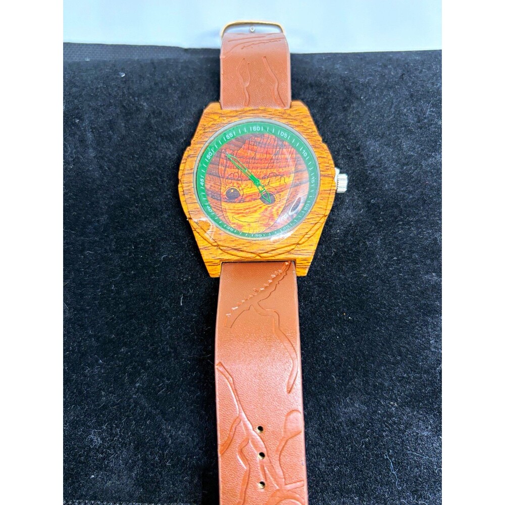 Marvel Groot Wood Case Quartz Analog Watch Brown Leather Strap 35mm Green Bezel